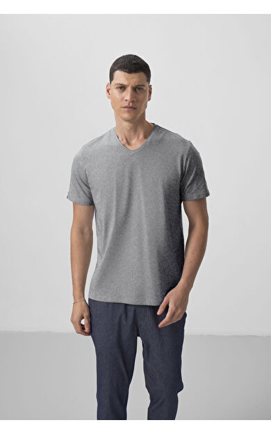 TommyLife Gri Melanj Basic Kısa Kol Standart Kalıp V Yaka Erkek T-Shirt - 87912