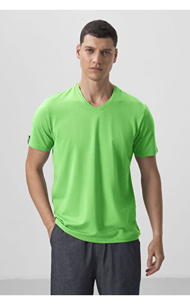 TommyLife Neon Yeşil Basic Kısa Kol Standart Kalıp V Yaka Erkek T-Shirt - 87912