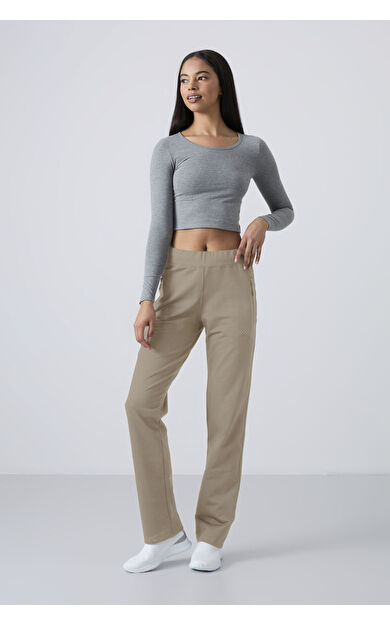 TommyLife Koyu Bej Fermuar Cepli Rahat Form Klasik Paça Kadın Eşofman Alt - 94195