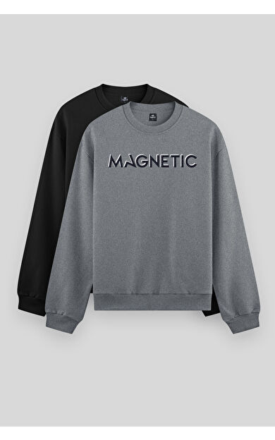 TommyLife Rahat Form O Yaka 2li Paket Siyah-Gri Melanj Erkek Sweatshirt - 88020