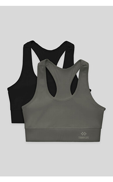 TommyLife Slim Fit U Yaka 2li Paket Siyah-Çağla Kadın Spor Büstiyer - 97120