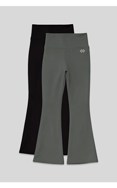 TommyLife Esnek Performans İspanyol Paça 2li Paket Siyah-Haki Kız Çocuk Tayt - 75193