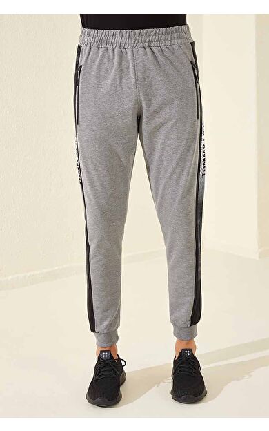 TommyLife Gri Melanj Fermuar Cepli Baskılı Standart Kalıp Jogger Erkek Eşofman Alt - 84657