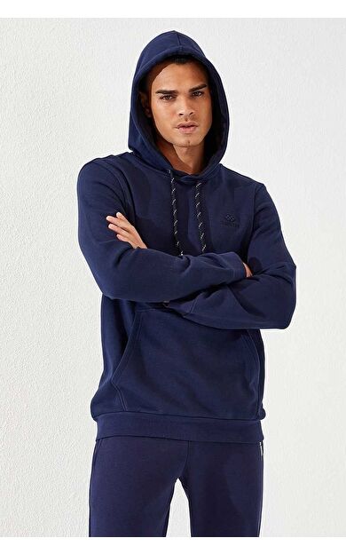 TommyLife İndigo Kanguru Cep Standart Kalıp Kapüşonlu Erkek Sweatshirt - 87872