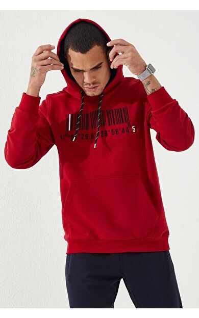 TommyLife Kırmızı Nakışlı Kanguru Cep Standart Kalıp Kapüşonlu Erkek Sweatshirt - 87839