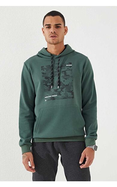TommyLife Yeşil Kamuflaj Desen Baskılı Standart Kalıp Kapüşonlu Erkek Sweatshirt - 87884