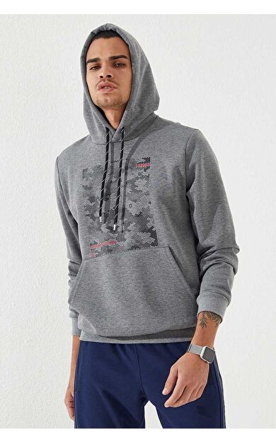 TommyLife Gri Melanj Kamuflaj Desen Baskılı Standart Kalıp Kapüşonlu Erkek Sweatshirt - 87884