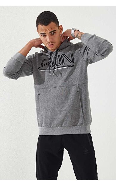 TommyLife Gri Melanj Yazı Nakışlı Standart Kalıp Kapüşonlu Erkek Sweatshirt - 87887