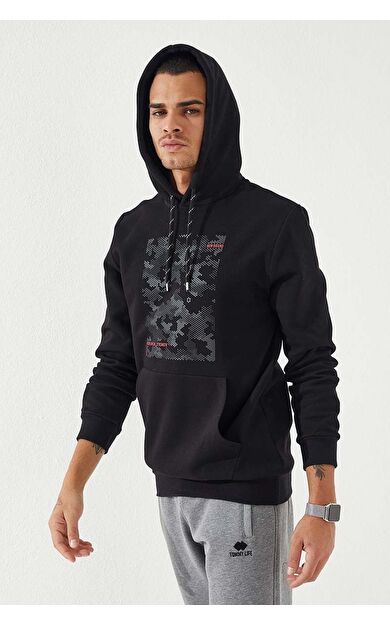 TommyLife Siyah Kamuflaj Desen Baskılı Standart Kalıp Kapüşonlu Erkek Sweatshirt - 87884