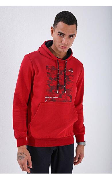 TommyLife Kırmızı Kamuflaj Desen Baskılı Standart Kalıp Kapüşonlu Erkek Sweatshirt - 87884