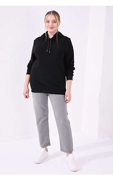 TommyLife Gri Melanj Klasik Paça Taş Detaylı Kadın Büyük Beden Eşofman Alt  - 94040