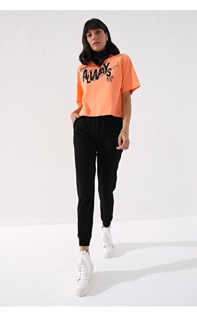 TommyLife Siyah Yüksek Bel Jogger Rahat Form Manşetli Kadın Eşofman Alt - 94561