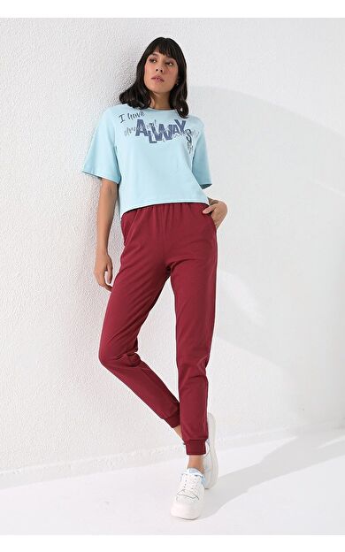 TommyLife Bordo Yüksek Bel Jogger Rahat Form Manşetli Kadın Eşofman Alt - 94561