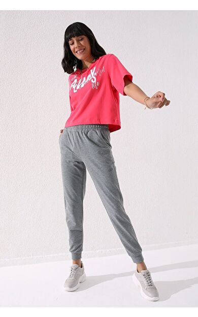 TommyLife Gri Melanj Yüksek Bel Jogger Rahat Form Manşetli Kadın Eşofman Alt - 94561