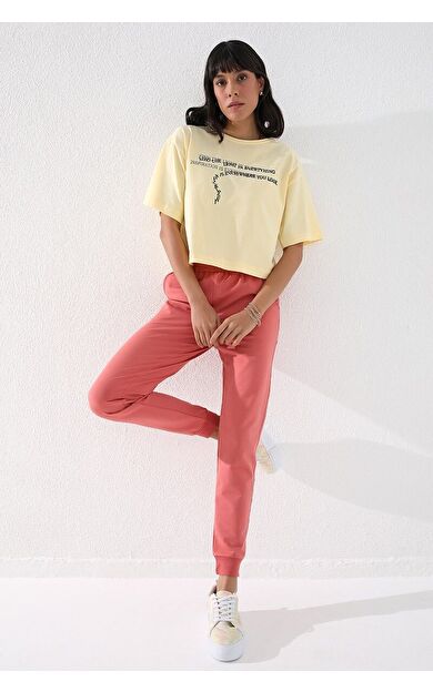 TommyLife Pudra Yüksek Bel Jogger Rahat Form Manşetli Kadın Eşofman Alt - 94561