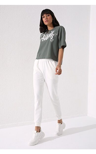 TommyLife Ekru Yüksek Bel Jogger Rahat Form Manşetli Kadın Eşofman Alt - 94561