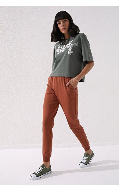 TommyLife Tarçın Yüksek Bel Jogger Rahat Form Manşetli Kadın Eşofman Alt - 94561