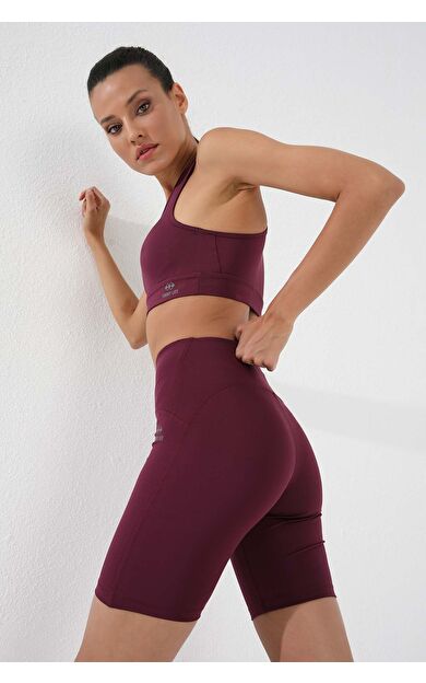 TommyLife Bordo Yüksek Bel Toparlayıcı Kısa Biker Kadın Tayt - 91007