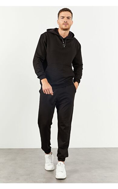 TommyLife Siyah Kapüşonlu Kanguru Cep Lastik Paça Erkek Oversize Eşofman Takımı - 85117
