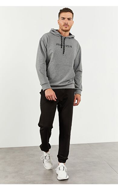 TommyLife Gri Melanj - Siyah Kapüşonlu Kanguru Cep Lastik Paça Erkek Oversize Eşofman Takımı - 85117