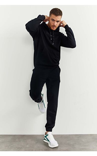 TommyLife Lacivert Kapüşonlu Kanguru Cep Lastik Paça Erkek Oversize Eşofman Takımı - 85117