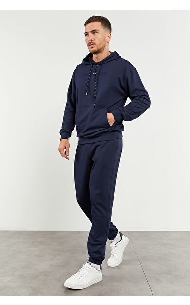 TommyLife İndigo Kapüşonlu Kanguru Cep Lastik Paça Erkek Oversize Eşofman Takımı - 85117