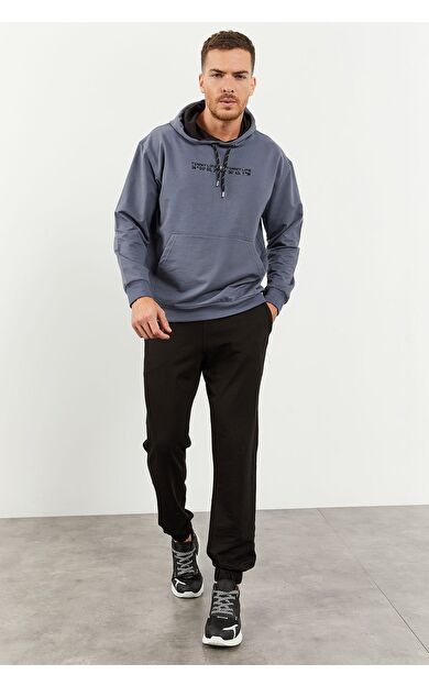 TommyLife Petrol - Siyah Kapüşonlu Kanguru Cep Lastik Paça Erkek Oversize Eşofman Takımı - 85117