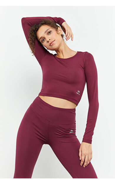 TommyLife Bordo Uzun Kollu Dar Kalıp  O Yaka Kadın Crop Top T-Shirt - 97150