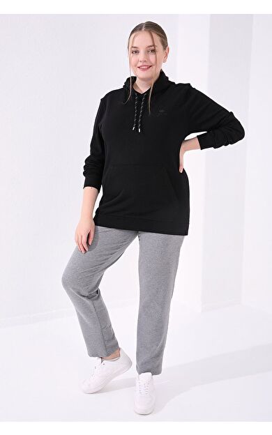 TommyLife Gri Melanj Cepli Rahat Form Klasik Paça Kadın Büyük Beden Eşofman Alt - 94014