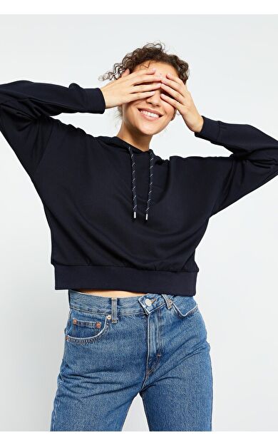 TommyLife Lacivert Uzun Kol Rahat Form Kapüşonlu Kadın Sweatshirt - 97115