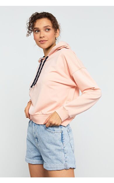 TommyLife Pembe Uzun Kol Rahat Form Kapüşonlu Kadın Sweatshirt - 97115
