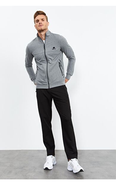 TommyLife Gri Melanj - Siyah Dik Yaka Fermuarlı Standart Kalıp Klasik Paça Erkek Eşofman Takımı - 85152