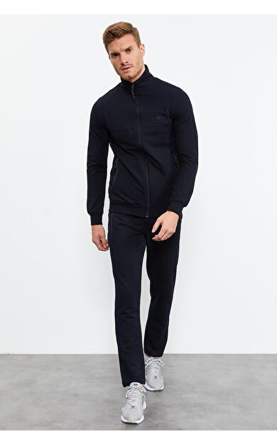 TommyLife Lacivert Dik Yaka Fermuarlı Standart Kalıp Klasik Paça Erkek Eşofman Takımı - 85152