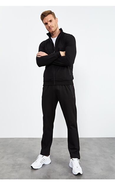 TommyLife Siyah Dik Yaka Fermuarlı Standart Kalıp Klasik Paça Erkek Eşofman Takımı - 85152