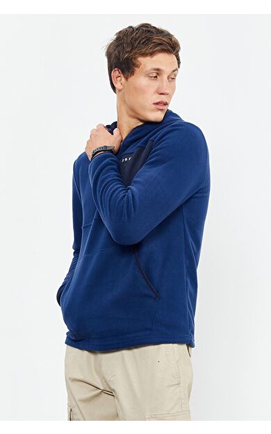 TommyLife İndigo Nakışlı Yarım Fermuar Kapüşonlu Standart Kalıp Erkek Polar Sweatshirt - 87996