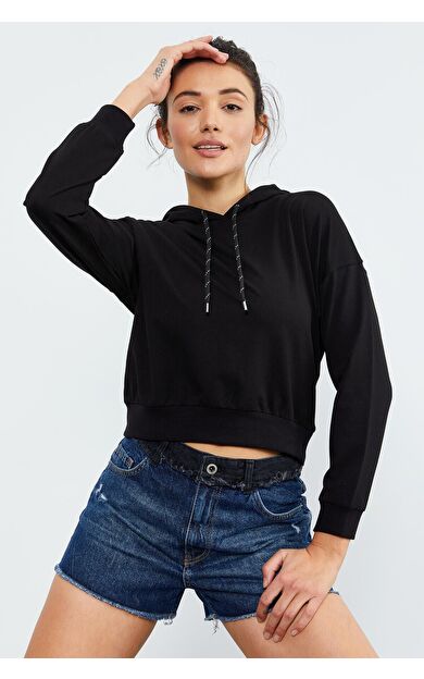 TommyLife Siyah Uzun Kol Rahat Form Kapüşonlu Kadın Sweatshirt - 97115