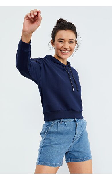 TommyLife İndigo Uzun Kol Rahat Form Kapüşonlu Kadın Sweatshirt - 97115