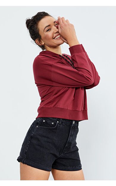 TommyLife Bordo Uzun Kol Rahat Form Kapüşonlu Kadın Sweatshirt - 97115