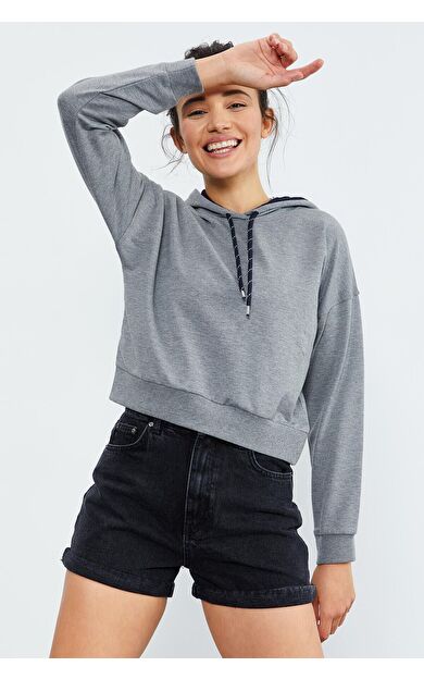 TommyLife Gri Melanj Uzun Kol Rahat Form Kapüşonlu Kadın Sweatshirt - 97115