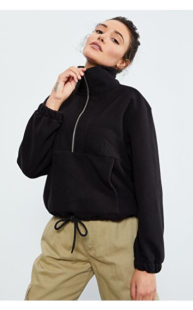 TommyLife Siyah Yarım Fermuar Etek Ucu Büzgülü Kadın Polar Oversize Sweatshirt - 97171