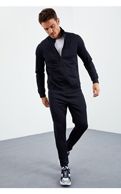 TommyLife Lacivert Dik Yaka Fermuarlı Standart Kalıp Manşetli Erkek Eşofman Takım - 85160