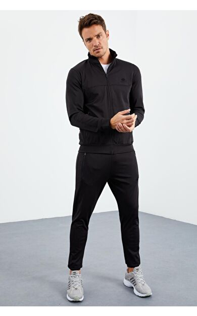 TommyLife Siyah Dik Yaka Fermuarlı Standart Kalıp Manşetli Erkek Eşofman Takım - 85160