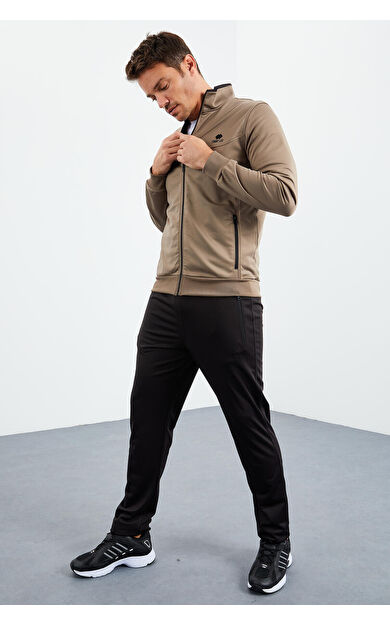 TommyLife Camel - Siyah Dik Yaka Fermuarlı Standart Kalıp Klasik Paça Erkek Eşofman Takımı  - 85162