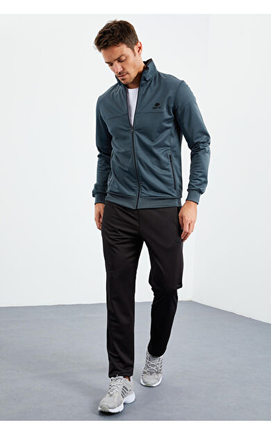 TommyLife Orman Yeşil - Siyah Dik Yaka Fermuarlı Standart Kalıp Klasik Paça Erkek Eşofman Takımı  - 85162