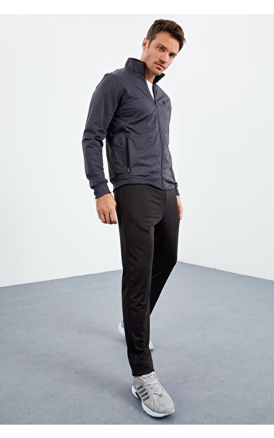 TommyLife Antrasit - Siyah Dik Yaka Fermuarlı Standart Kalıp Klasik Paça Erkek Eşofman Takımı  - 85162