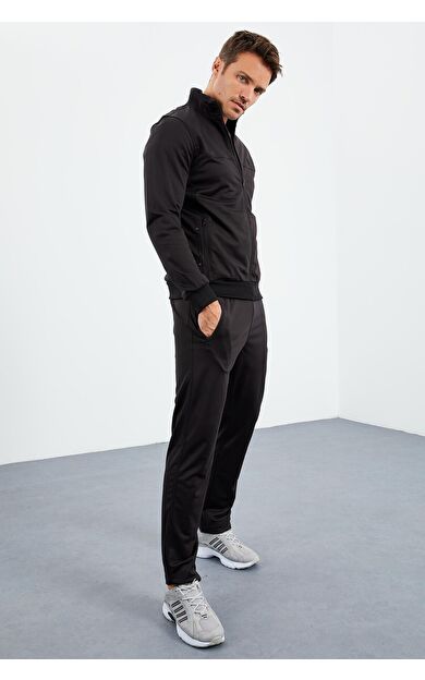TommyLife Siyah Dik Yaka Fermuarlı Standart Kalıp Klasik Paça Erkek Eşofman Takımı  - 85162
