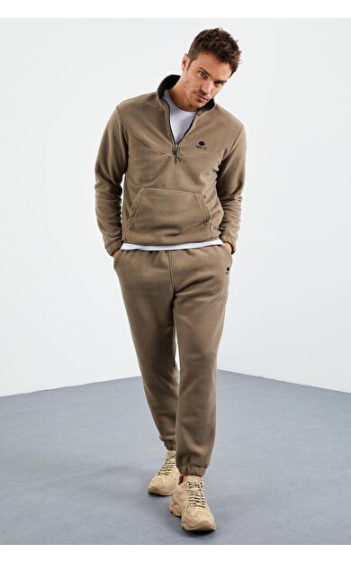 TommyLife Camel Yarım Fermuar Dik Yaka Lastik Paça Polar Erkek Eşofman Takımı - 85159