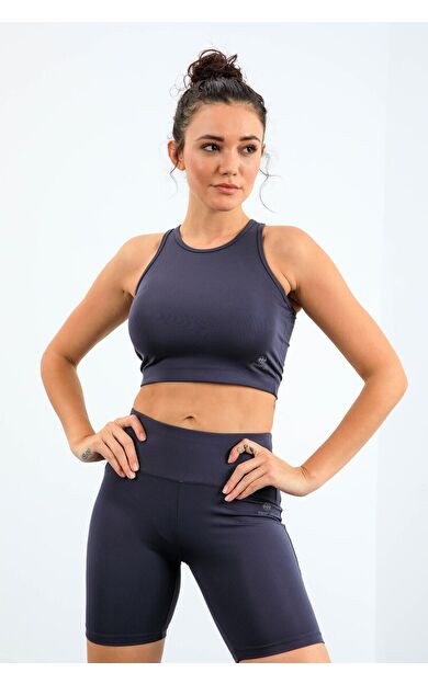 TommyLife Antrasit Yüksek Bel Toparlayıcı Dar Kalıp Crop Biker Kadın Tayt Takım - 95302