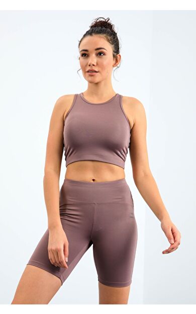 TommyLife Gül Kurusu Yüksek Bel Toparlayıcı Dar Kalıp Crop Biker Kadın Tayt Takım - 95302