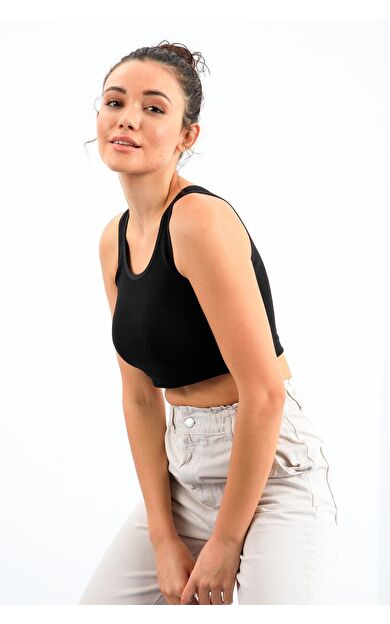 TommyLife Siyah Basic Sıfır Kol Dar Kalıp U Yaka Kadın Crop Top Atlet - 97162